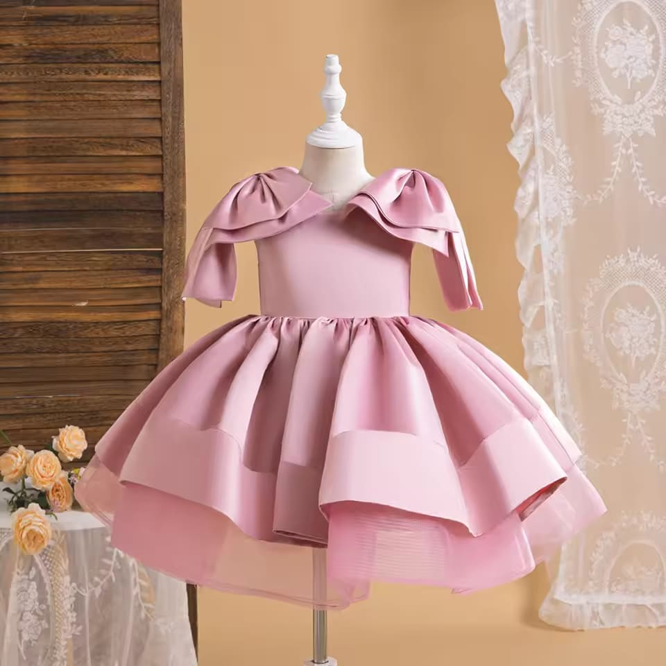 Fluffy Big Bow Bridesmaid Girls Party Dress Satin Wedding Birthday Prom Princess Girl Dresess Children Formal Gala Kids Clothing