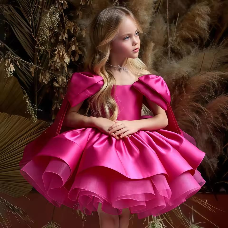 Fluffy Big Bow Bridesmaid Girls Party Dress Satin Wedding Birthday Prom Princess Girl Dresess Children Formal Gala Kids Clothing